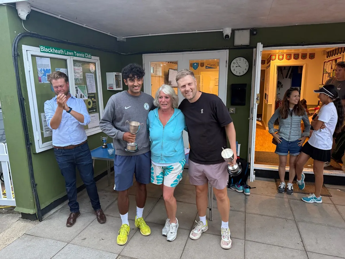 Players and organisers with trophies outside the Blackheath clubhouse after a club competition